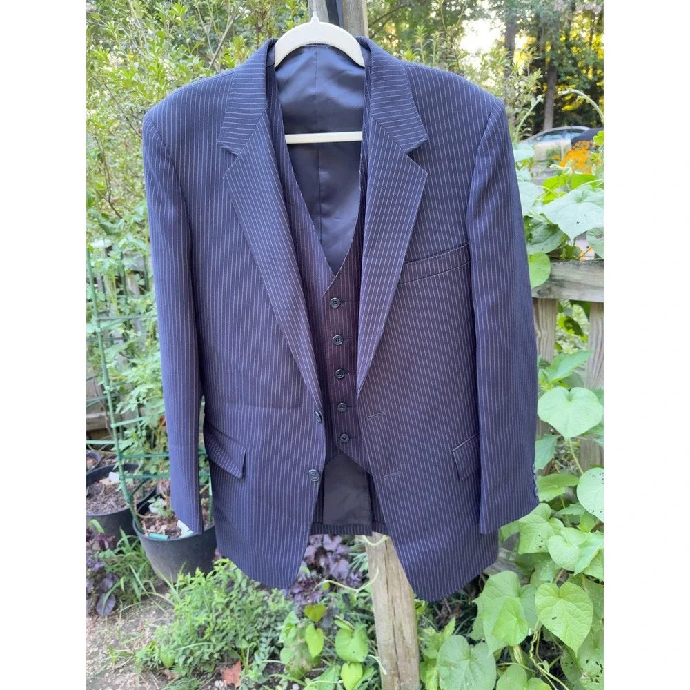 Vintage Sears Perma-Prest Navy Pinstripe Suit Jacket and Vest Set Mens Large